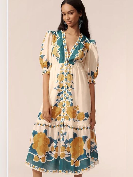 Anthropologie Dresses & Skirts - FARM Rio for Anthropologie Floral Puff Sleeve Button Front Midi Dress Large